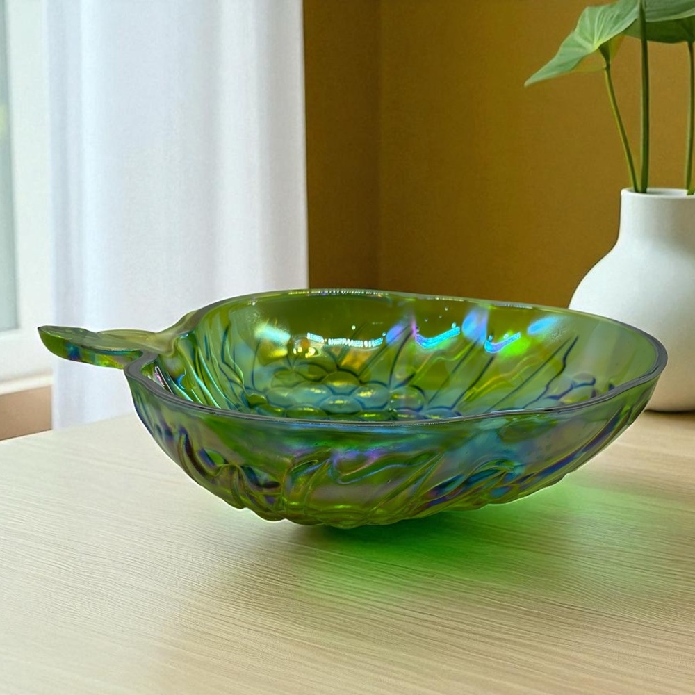 Vintage Indiana Carnival Glass Iridescent Green Harvest Grape Serving Bowl.